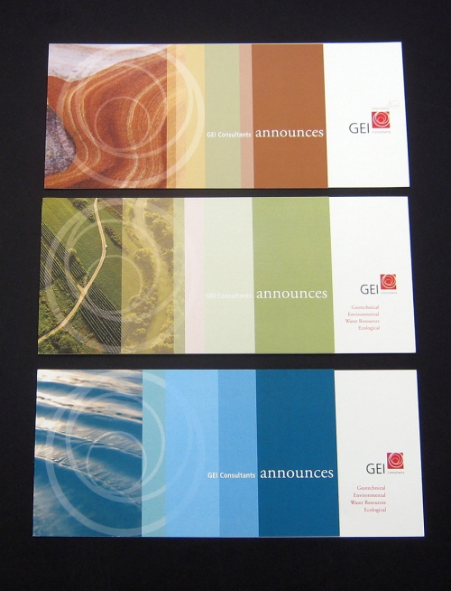 sample announcement cards that uses a short front cover that reveals interior logo. this series has included over 20 variations of color bands and abstract environmental images